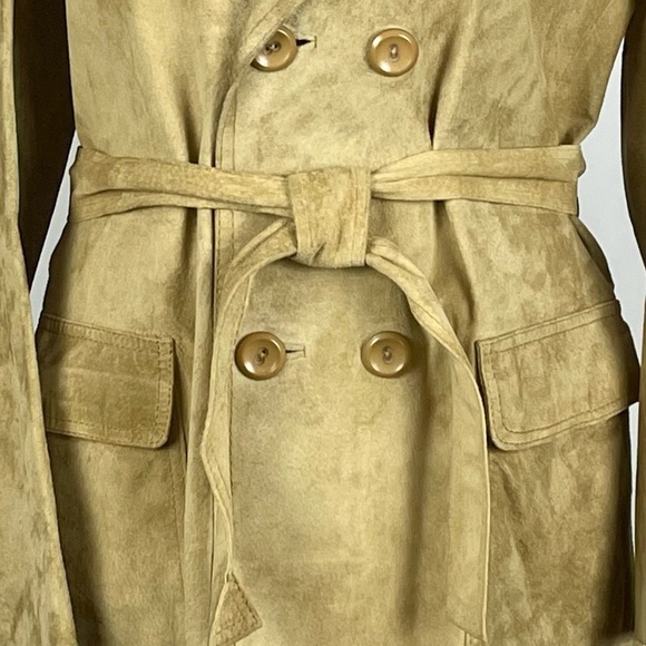 VINTAGE PORTO GALIA 70's SUEDE LEATHER TAN DOUBLE BREAST BELTED TRENCH COAT14/16 - Picture 3 of 13